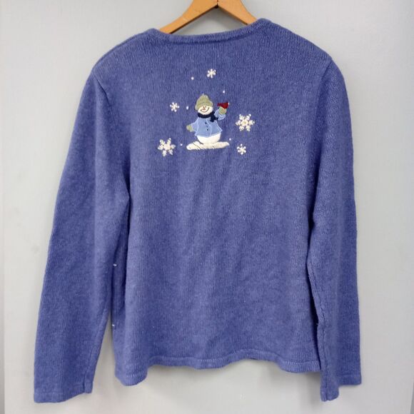 Croft & Barrow Women's Petite Medium Button Front Snowman Cardigan Winter Blue - Picture 3 of 9